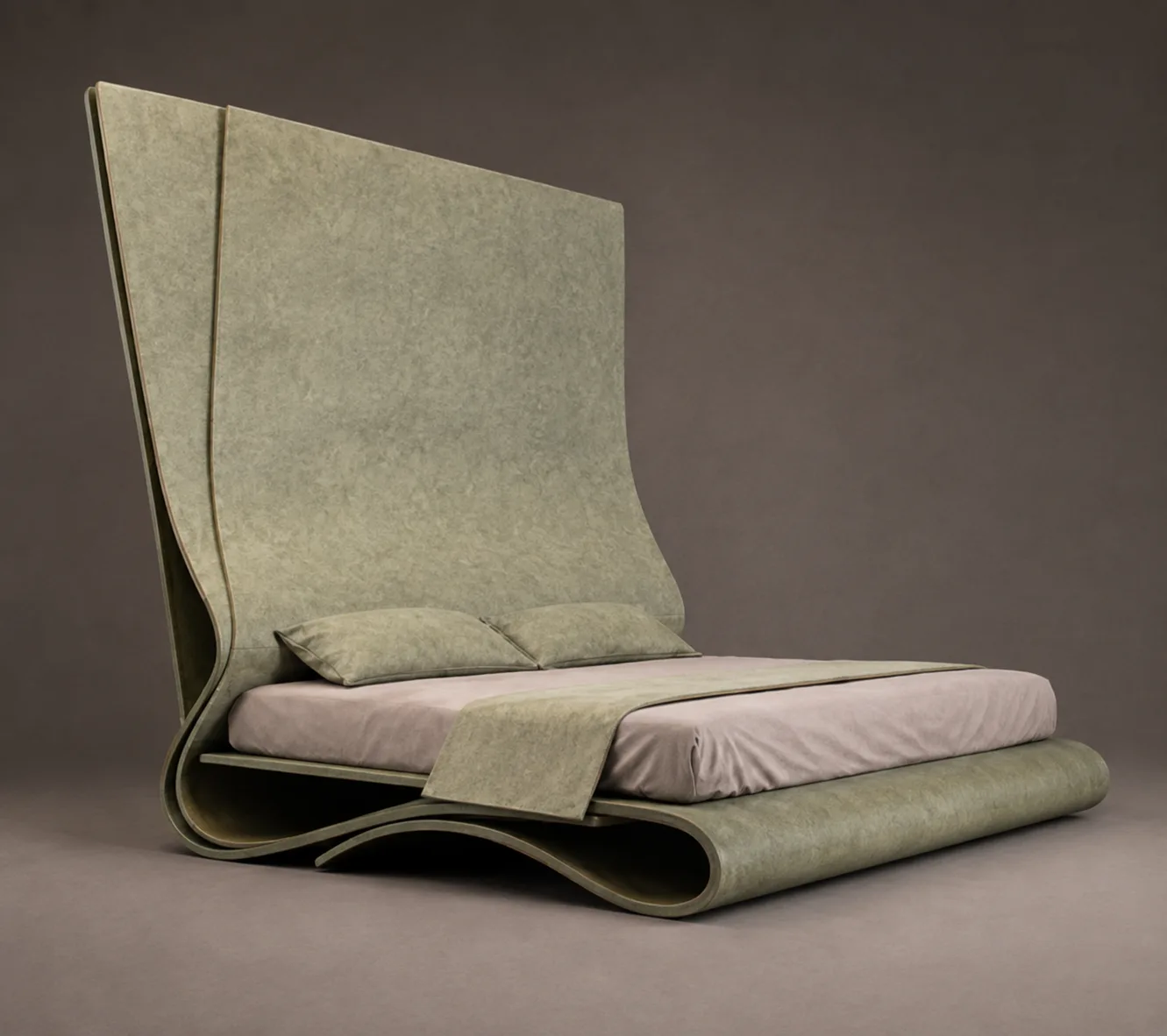 The Aurelis Bed in sage upholstered leather, newly placed in a quiet room