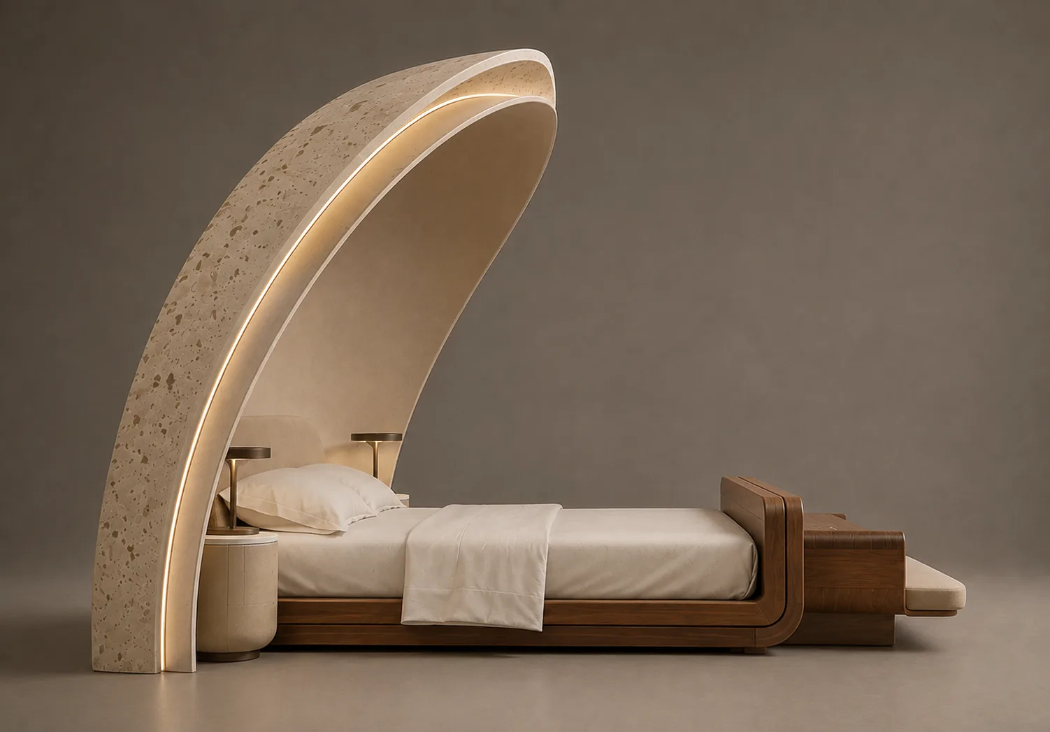 Arc Canopy Bed in Travertine / Walnut — view 3