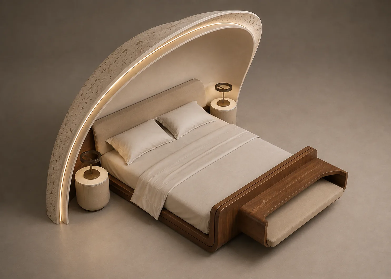 Arc Canopy Bed — Travertine arch, walnut frame