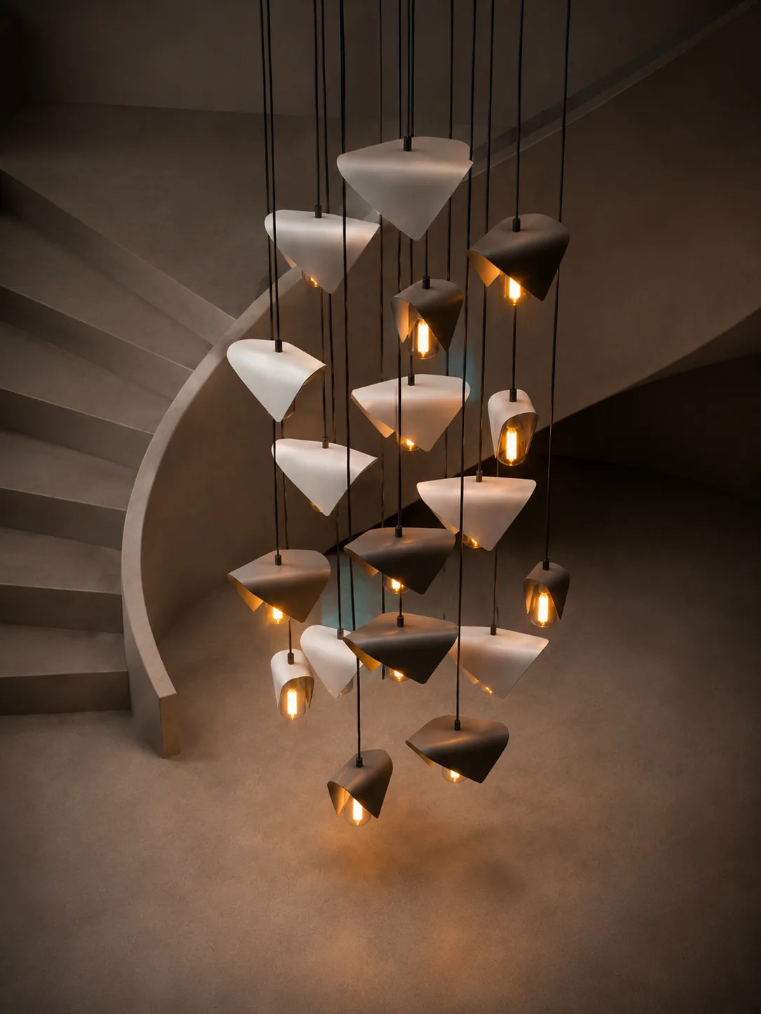 Origami Chandelier — Folded cones, bronze and chalk