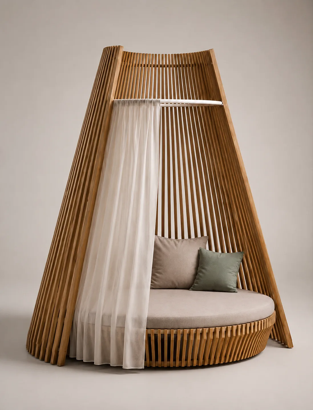 Veil Canopy Daybed — Slatted oak, sheer veil